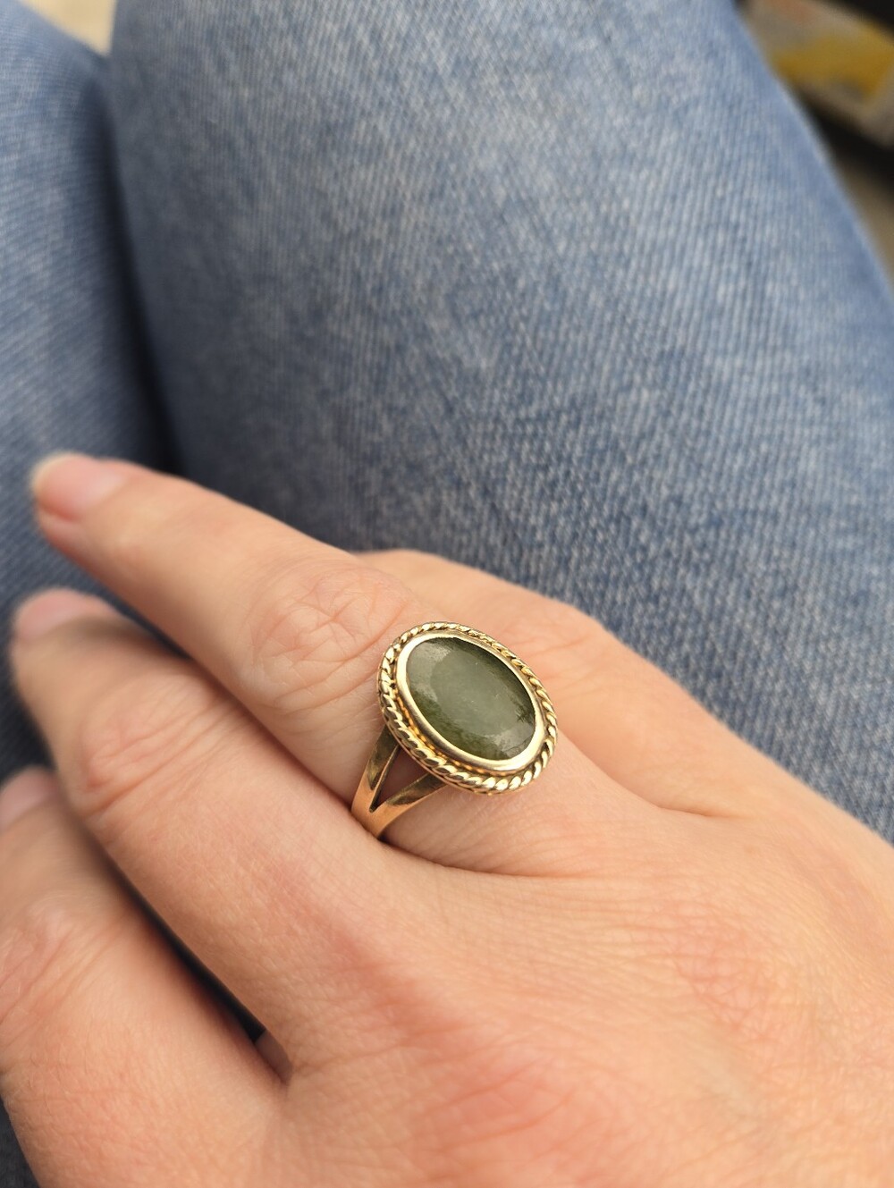 14K Gold Ring with Olive Green Oval Stone - Women's Jewelry
